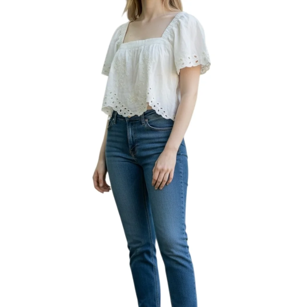 American Eagle Hippie Eyelet Lace Crop Top Square Neck Tie Back Blouse Sz XS